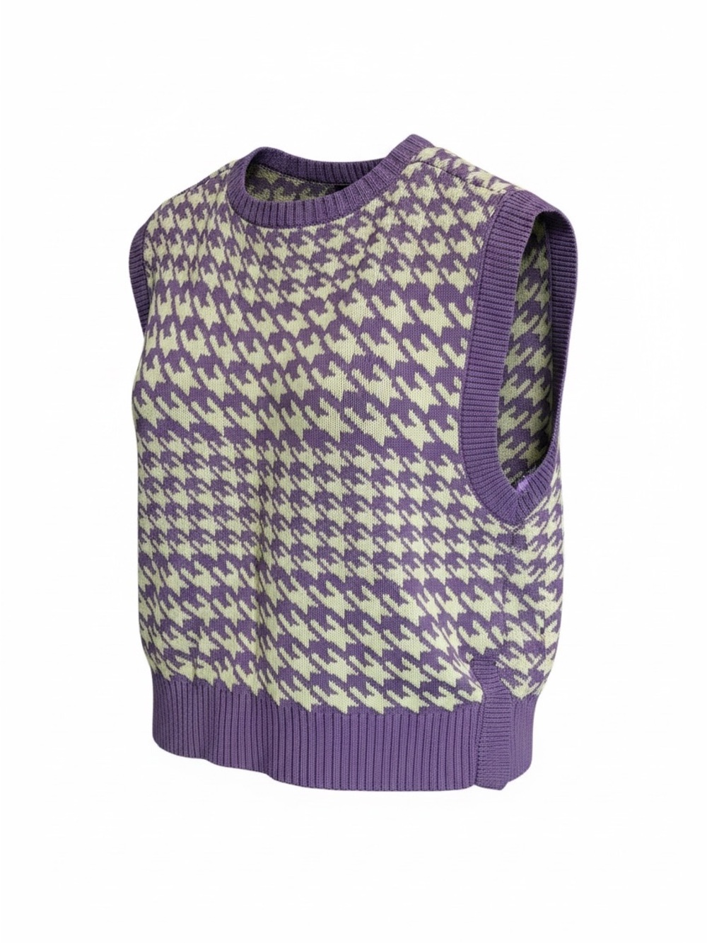 Purple & Cream Houndstooth Knit Tank Sweater